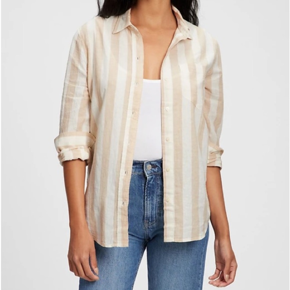 Gap The Easy Shirt Long sleeve khaki stripe linen blend size XXL